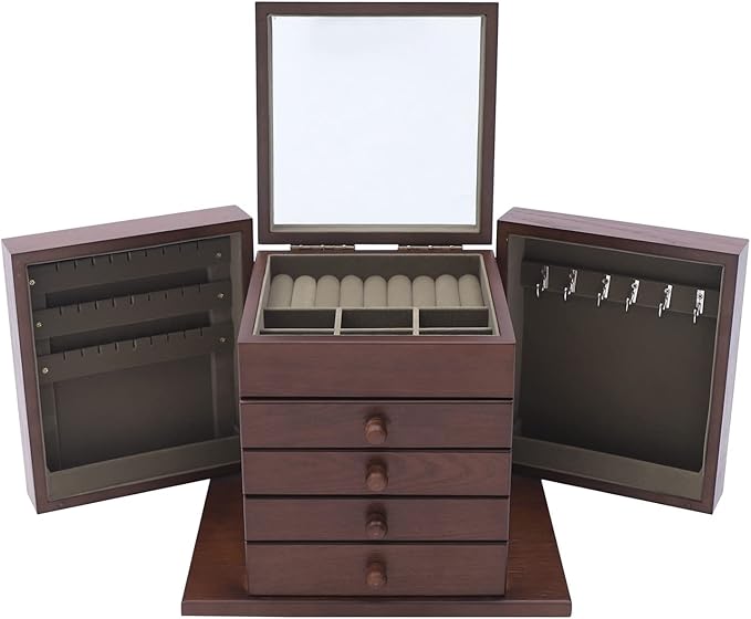 Eapmic Extra Large Four-Leaf Carved 5 Layers Wooden Jewelry Box Jewelry Case Cabinet Armoire Ring Necklacel Gift Storage Box Organizer (5 Layers,Brown,Style 2)