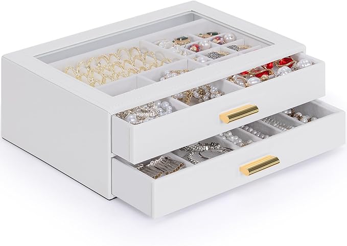 AKOZLIN Jewelry Box with Clear Lid Functional Leather Jewelry Storage Organizer Case 2 Drawers for Women Girls Necklace Ring Bracelet Earring
