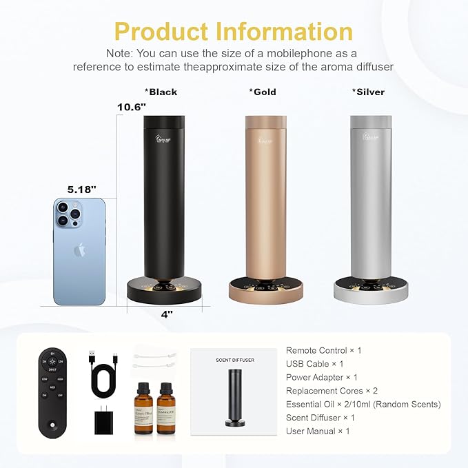 Waterless Diffuser,1500 Sq Ft,Ring Ambient Light,Rechargeable Wireless, Aluminum,Remote Control&Touch Buttons,Adjustable Fragrance Intensity&Timer,Hotel Collection Scent Machine - Silver