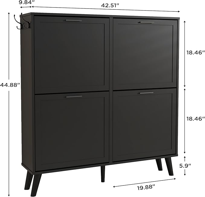 Black Large Shoe Cabinet fit up to Shoe Size 16, Freestanding Shoe Organizer with 4 Flip Drawers, Narrow Wooden Shoe Rack for Entryway, Closet, Living Room