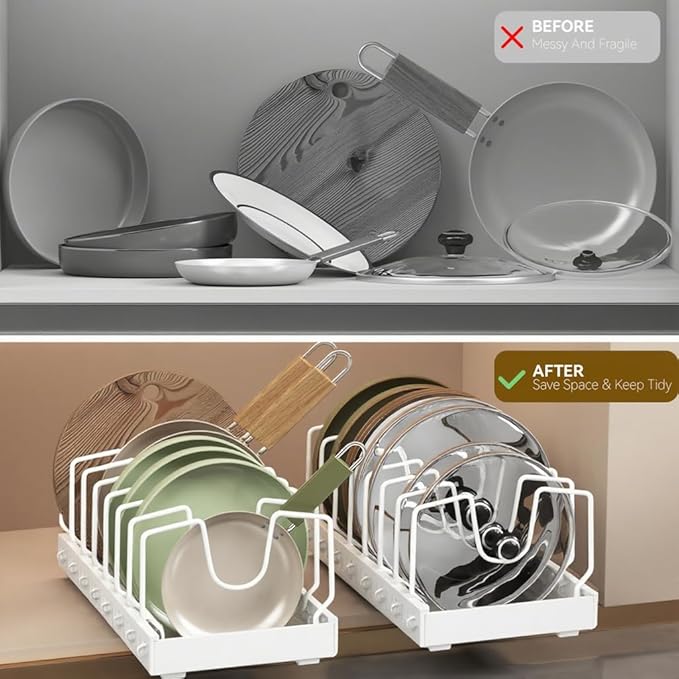 WOSHEN Pots and Pans Organizer Under Cabinet, Pull Out Pots and Pans Organizer, Expandable Sliding Lid Holder and Pan Rack for Pot Lid, Bakeware, Dishes, 10 Adjustable Dividers