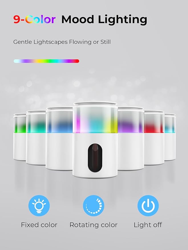 Waterless Diffuser for Essential Oil: Mini Battery Scent Diffuser for Room&Home&Car with 9 Colors LED Light - Aroma Cool Mist Machine Snow White