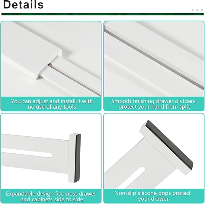 4 Pack Bamboo Kitchen Drawer Dividers with Inserts 2.6" High, Adjustable from 12.5 Inch to 21.7 Inch Drawer Organizers, Expandable Drawer Separators for Clothes, Bedroom, Dresser, Office (White)