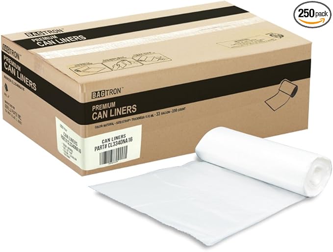 Bagtron 33 Gallon Trash Bags, 16 Micron High Density Pure HDPE Garbage Can Liners Bulk, 33" x 40", Natural Clear, 250 Count