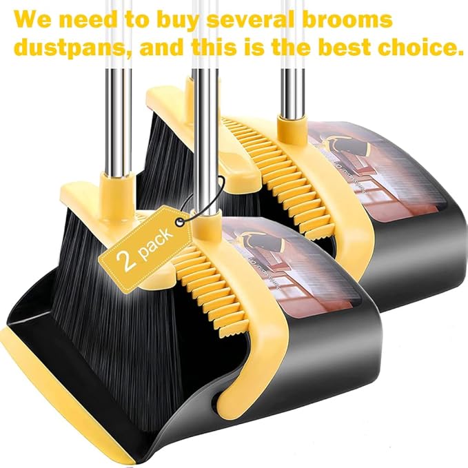 DJDTDTY 2-Pack is More economical，Upgraded Broom and Dustpan， with 52" Long Handle, Dustpan Teeth with self-Cleaning Function, Indoor and Outdoor Sweeping, Perfect for Home Office