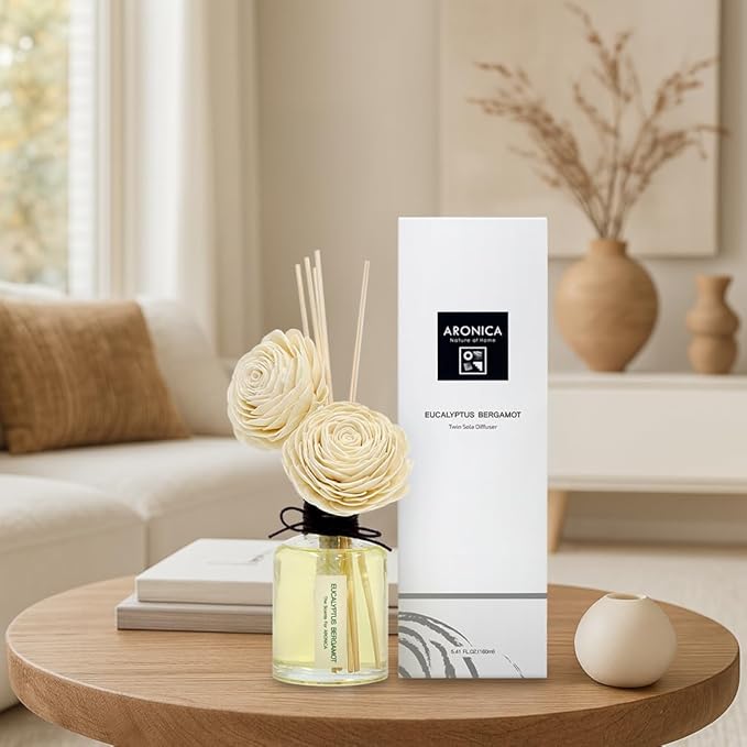 Aronica Twin Sola Diffuser 160ml_Eucalyptus and Bergamot Essential Oil Flower Diffuser, Non Toxic Reed Diffusers, Beach Themed Home Room Decor, Natural Gift for Men, Beach Scent