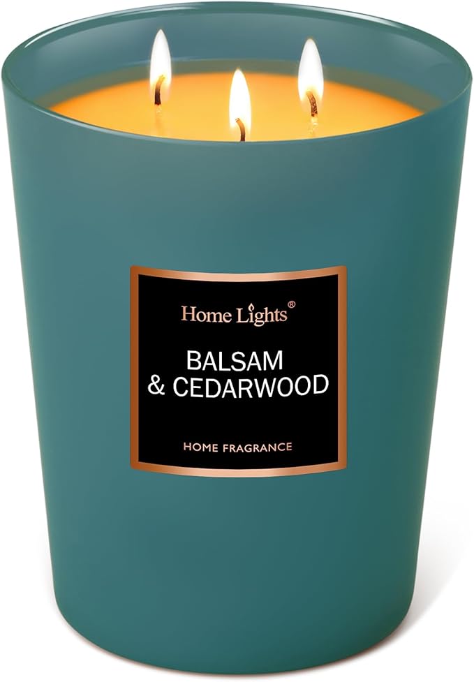 HomeLights Highly Scented Soy Candles Big 33.3 oz for Home. 3 Cotton Wicks, Smokeless Long Lasting 130 hrs in Balsam & Cedar. 5x6, Great Gift for Women & Men