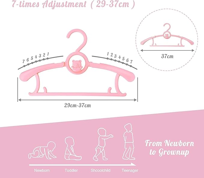 HGYZE Kid Hangers for Closet 50pcs, Pink Baby Clothes Hanger Plastic, 11-14" Adjustable Bulk Perchas for Newborn, Non-Slip Children Outfit Bear Hangar for Girl Boy Toddler Infant Nursery Clothing
