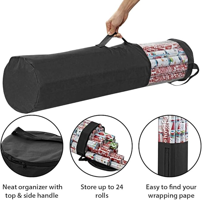 ProPik Wrapping Paper Storage Organizer Bag, Store Up To 24 Rolls 40 Inch, Heavy Duty Polyester plus PVC Clear Bag with Handles and Zippered Top for Gift Wrap and Ribbons (Black)