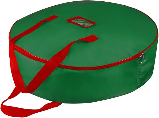 TQS 25" Christmas Wreath Storage Bag - Christmas Large Wreath Container - Reinforced Wide Heavy Duty Handle and Double Sleek Zipper -Protect Your Party Decorations Garland Storage Cover - Green