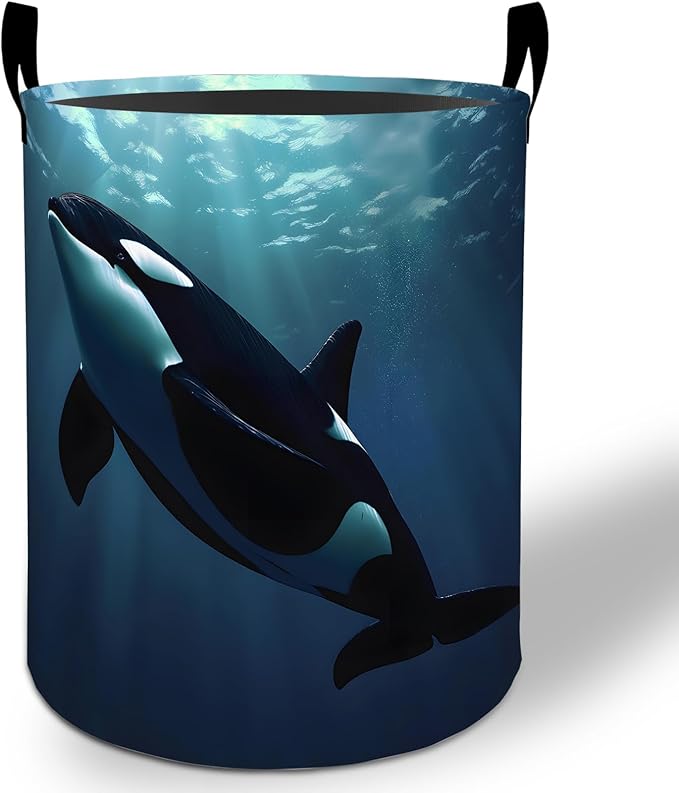 Orca Whale Laundry Basket Hamper 19.7"x15.8", Ocean Foldable Waterproof Oxford Clothes Storage Bucket for Room Bathroom Bedroom Nursery Decor, Toy Organizer Bins Gifts for Kids Boys Girls