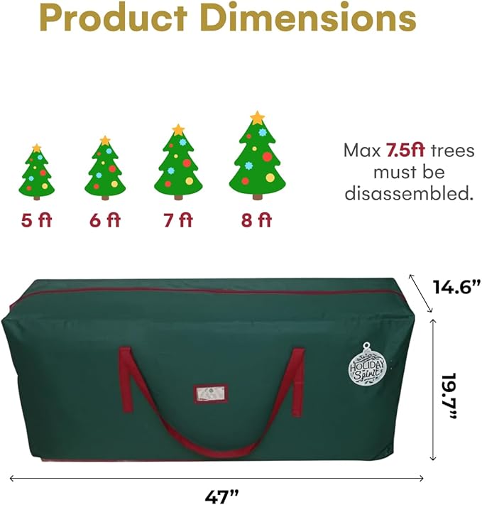 HOLIDAY SPIRIT Christmas Tree Storage Bag for 7.5 ft Tree - Heavy Duty, Waterproof 600D Oxford Canvas with Reinforced Handles and Dual Zipper - Protects from Dust and Moisture - Xmas Tree Bag, Green