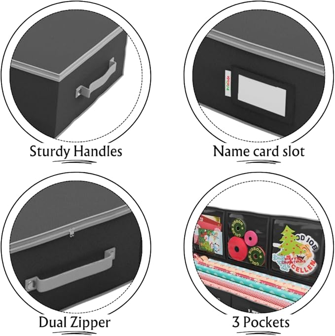 Primode Wrapping Paper Storage Container | Gift Wrap Organizer Under Bed | 41”x14”x6” | Box Holder for 18-24 Rolls Up to 40” | 600D Oxford Material | Pockets for Ribbon, Bows, and Accessories (Black)