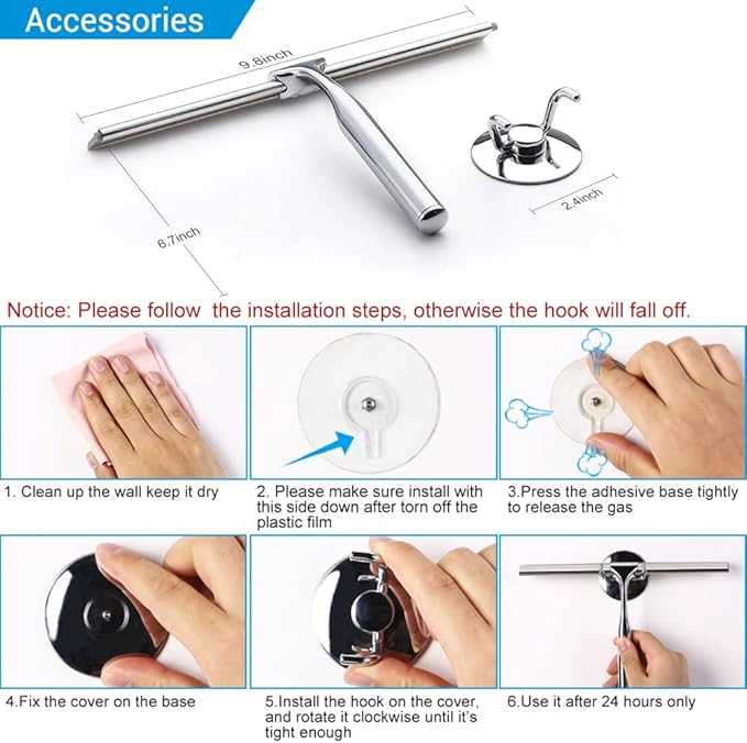 Quntis Silicone Shower Squeegee with Stainless Steel Handle, Window Cleaning Squeegee for Bathroom Window Kitchen Car Household with Professional Wall Mount