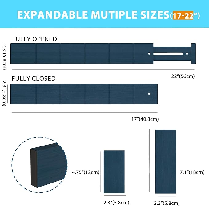 GZOOGHOME 6 Pack Bamboo Drawer Dividers with 12 Inserts, Expandable Adjustable Clothes Drawer Organizers and Storage from 17" to 22" for Kitchen, Bedroom, Dresser, Cosmetics (Navy Blue)