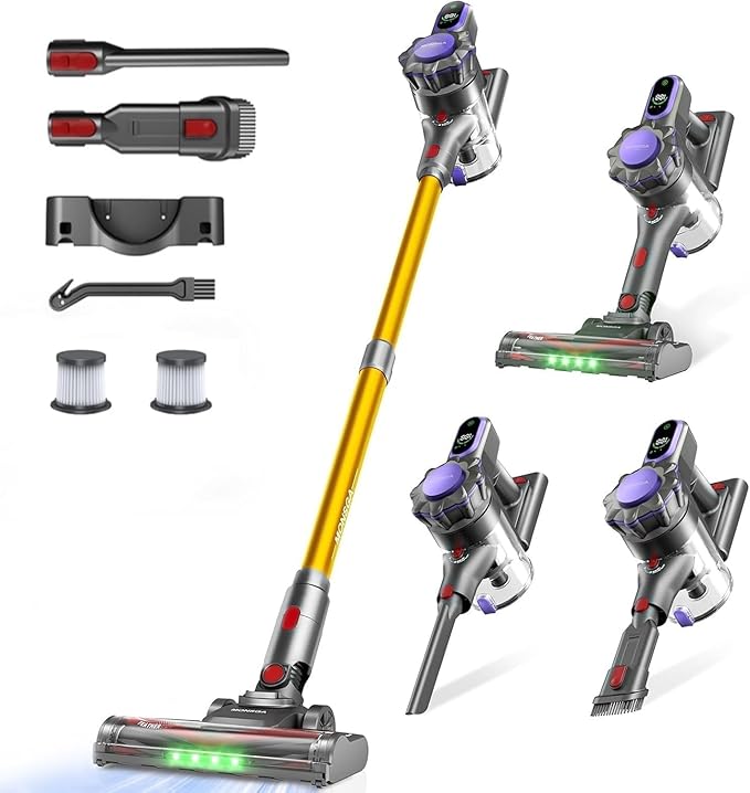 MONSGA Cordless Vacuum Cleaner, 45KPa 400W Stick Vacuum for Home, 50Mins Anti-Tangled Vacuum Cleaner with Charging Dock, Light-Weighted Handheld Vacuum for Pet Hair/Carpet/Floor (Gold&Purple)