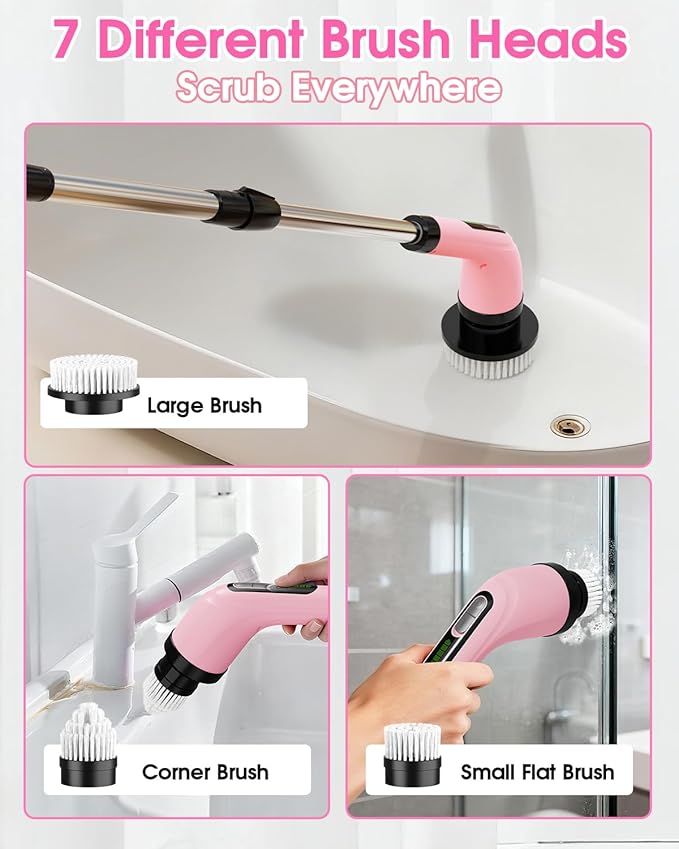 Electric Spin Scrubber for Cleaning Bathroom: Cordless Power Shower Scrubber - Electric Cleaning Brush for Tile Tub - Pink