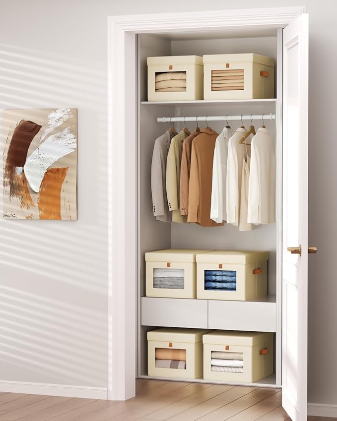 Storage Bins with Lid – Closet Organizer with Side Opening and Clear Window, Foldable Stackable Fabric Basket for Clothes, Home, Office - 13.77" x 11.8" x 9.8", 6 Pack, Beige