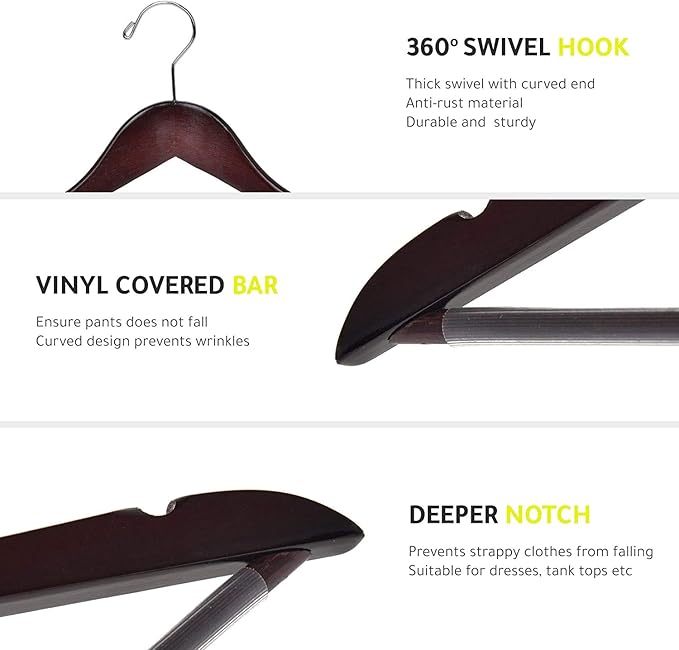 Quality Wooden Hangers - Slightly Curved Hanger 30-Pack Sets - Solid Wood Coat Hangers with Stylish Chrome Hooks - Heavy-Duty Clothes, Jacket, Shirt, Pants, Suit Hangers (Mahogany, 30)