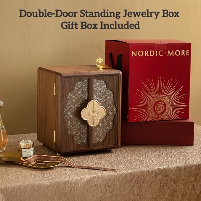 KINTNESS Wooden Jewelry Box With Key, 5 Layers Lockable Large Jewelry Organizer for Women Girls, Walnut Texture for Bracelet, Necklace, Ring