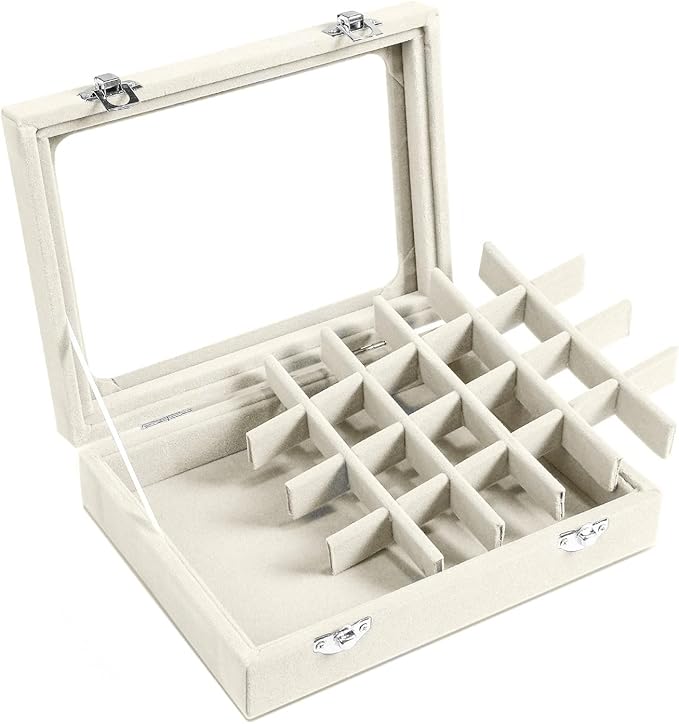 Velvet Jewelry Box 24 Grid Jewelry Earrings Display Organiser Box Ring Tray Holder Earrings Storage Case for Girls Women Wife Mom (Beige)