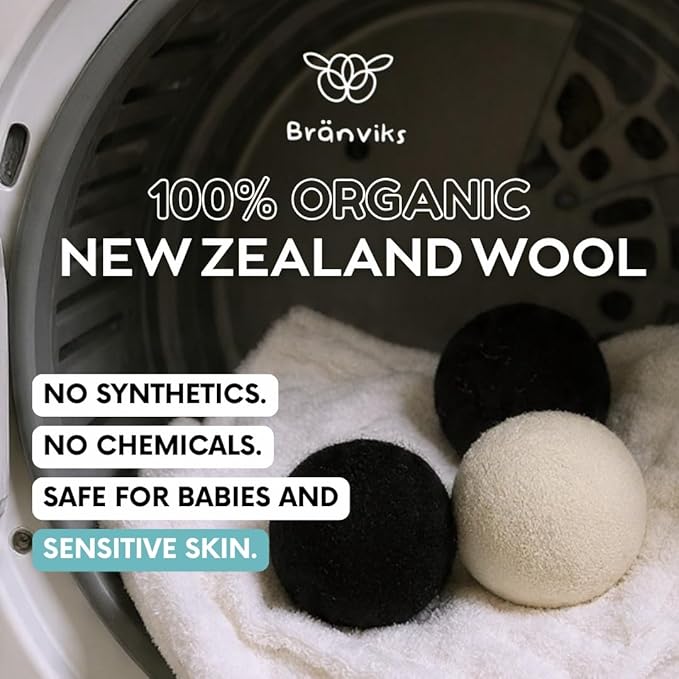 Wool Dryer Balls for Laundry – 6 XL Organic New Zealand Wool Balls | Anti-Static, Reduces Wrinkles, Shortens Drying Time | Reusable Eco-Friendly Fabric Softener Alternative (White & Black Set)