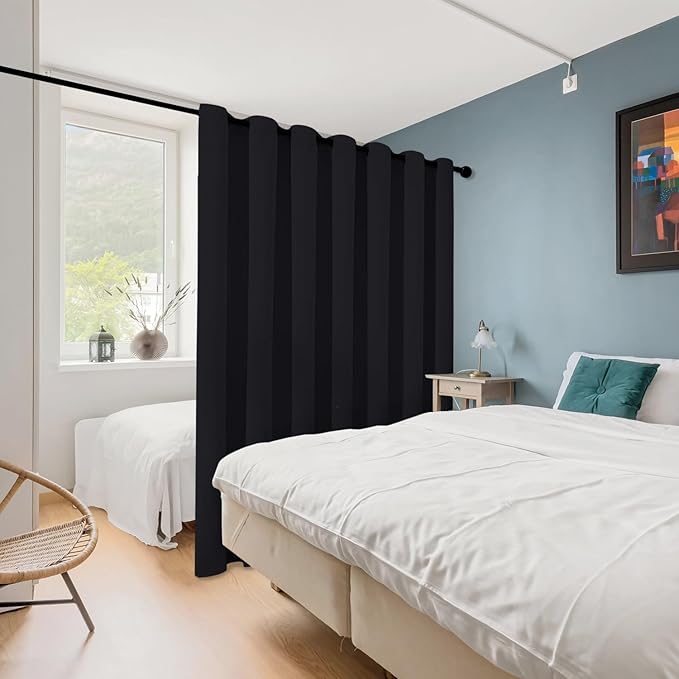 ChrisDowa Room Divider Curtain 120 Inches Long, Wide Blackout Sliding Door Curtain for Bedroom, Room Darkening Privacy Window Curtain for Patio Door (1 Panel Set, Black, 100 x 120 Inch)