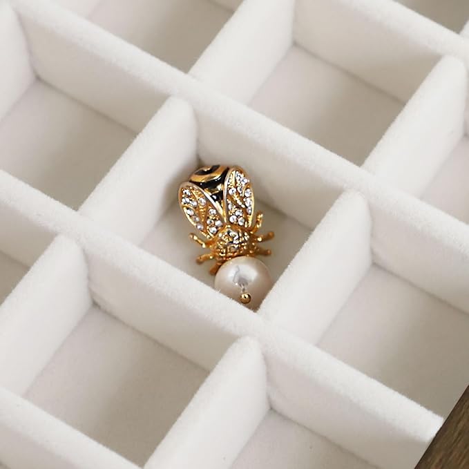 Wudygirl Wood Jewelry Organizer Small Jewelry Box Jewelry Tray with Lid Earring Organizer for Women Velvet Ring Holder Jewelry Storage Display for Drawer Earring Case 24 Grid (Beige)