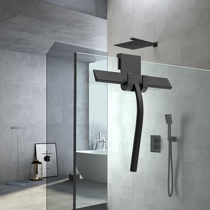 Anlynwooh All -Purpose Silicone Shower Squeegee for Shower Glass Door with Hook, Bathroom Accessories for Window Mirror Tile Car Shower Walls,Household Shower Cleaner Tool (Black, 9 inch(1 Hook)