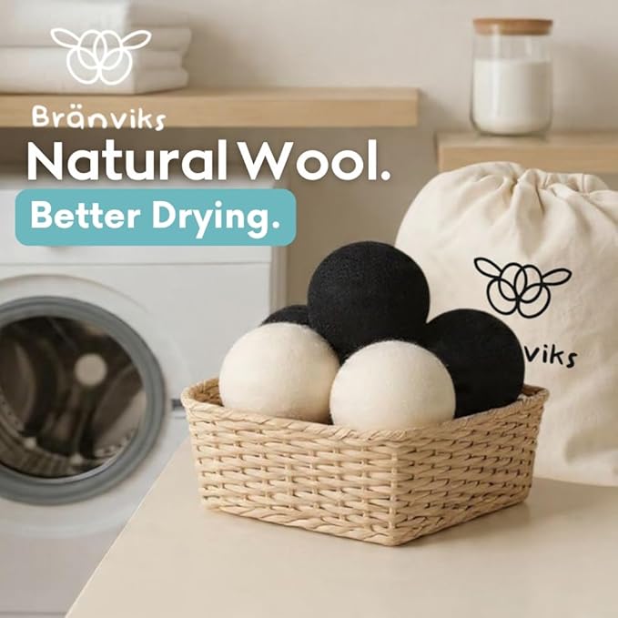 Wool Dryer Balls for Laundry – 6 XL Organic New Zealand Wool Balls | Anti-Static, Reduces Wrinkles, Shortens Drying Time | Reusable Eco-Friendly Fabric Softener Alternative (White & Black Set)