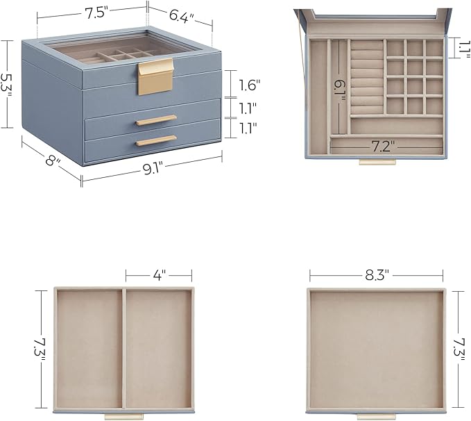 SONGMICS Jewelry Box Organizer with Glass Lid, 3-Layer Jewelry Storage, with 2 Drawers, Modern Style, 8 x 9.1 x 5.3 Inches, Smoky Blue and Gold Color UJBC239Q01