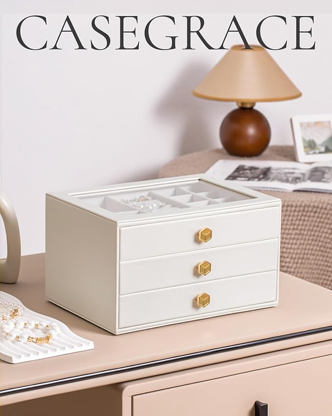 CASEGRACE Jewelry Box for Women with Glass Lid - Leather Jewelry Storage Organizer 3 Drawers for Necklaces, Rings, Earrings & Bracelets, Ideal Gift (White, 3 Layer)