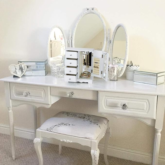 RR ROUND RICH DESIGN Jewelry Box - Made of Solid Wood with 4 Drawers Organizer and Built-in Necklace Carousel and Large Mirror White