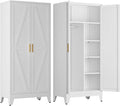COFaR Metal Wardrobe Closet with Doors, 71'' Tall Steel Bedroom Armoire with Adjustable Hanging Rod and Shelves, Broom Closet Storage Cabinet for Garage Laundry Office, Farmhouse White