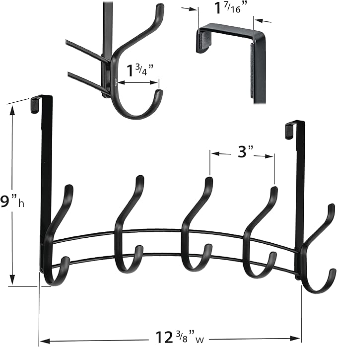 LYNK Professional® Home™ Over The Door Hooks - 10 Hook Over The Door Hanger - Over Door Coat Rack - Hanging Towels or Clothes - Bathroom, Bedroom or Laundry Room - Lifetime Ltd. Warranty – Black