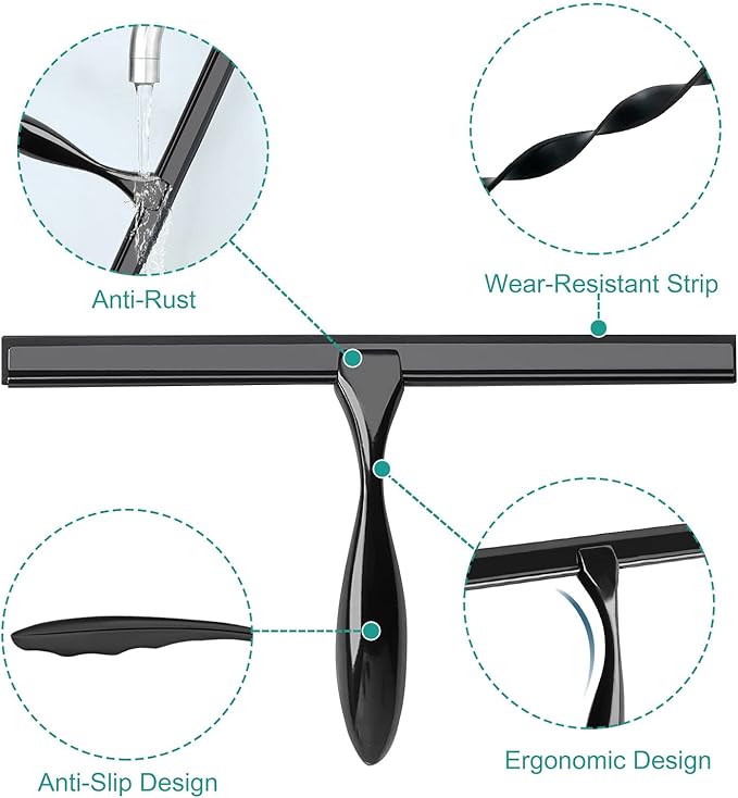 steauty Shower Squeegee for Glass Doors,10-Inch Shower Glass Squeegee, Matte Black Shower Squeegee for Shower Doors,Mirror,Windows, with Shower Door Hook and Adhesive Hook