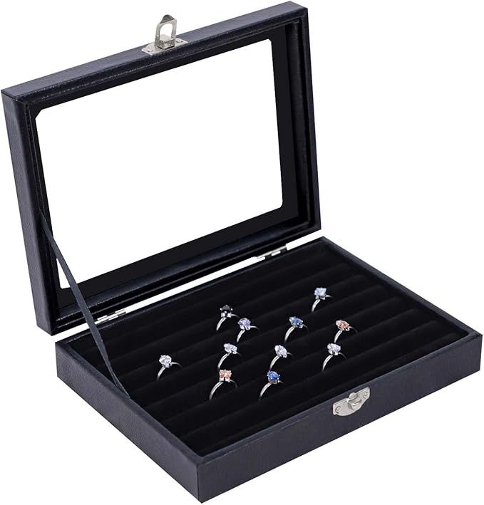 Stratalife Ring Organizer Jewelry Box Leather Jewelry Display Case with Clear Glass Top Ring Holder Gift for Women Black
