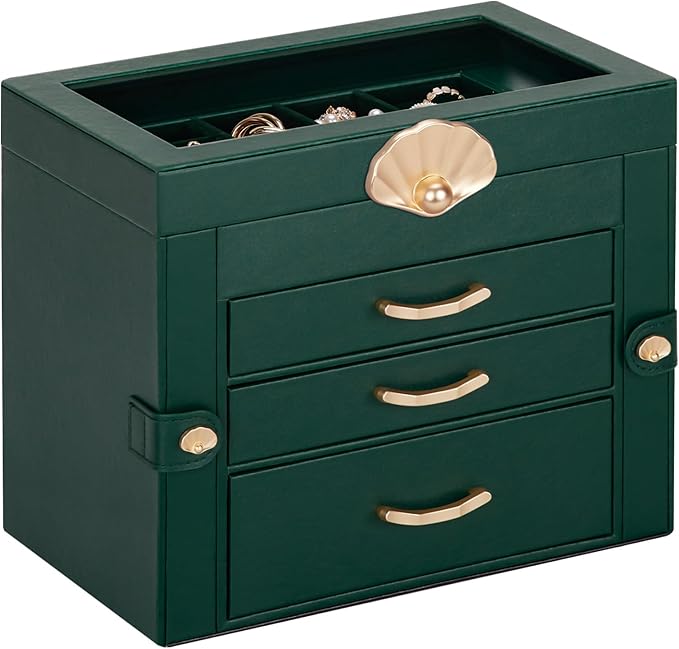 Jewelry Box with 3 Drawers: Display Organizer for Earrings Necklaces - Gifts for Girls Women (Forest Green)