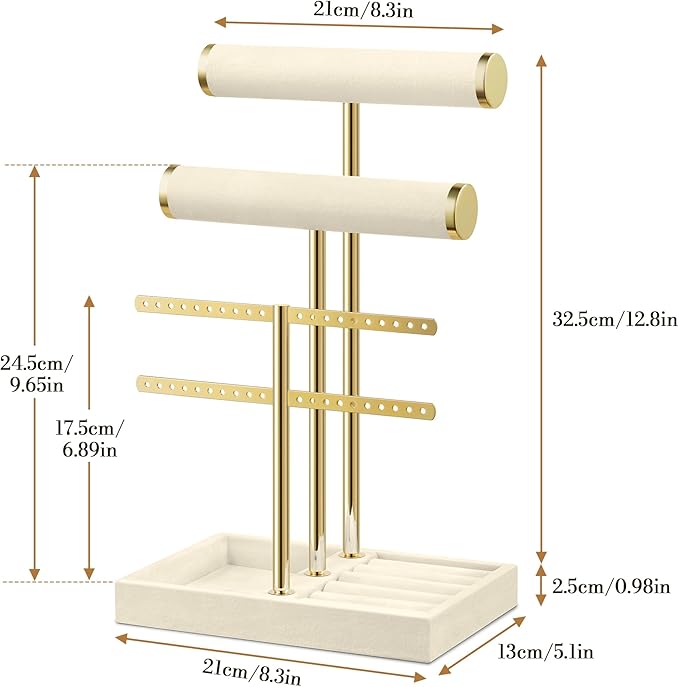 Josmimic Bracelet Holder Jewelry Organizer Display - 3 Tier T Bar Velvet Stand, Beige Jewelry Storage for Bracelet, Necklaces, Earrings, Rings, Watches