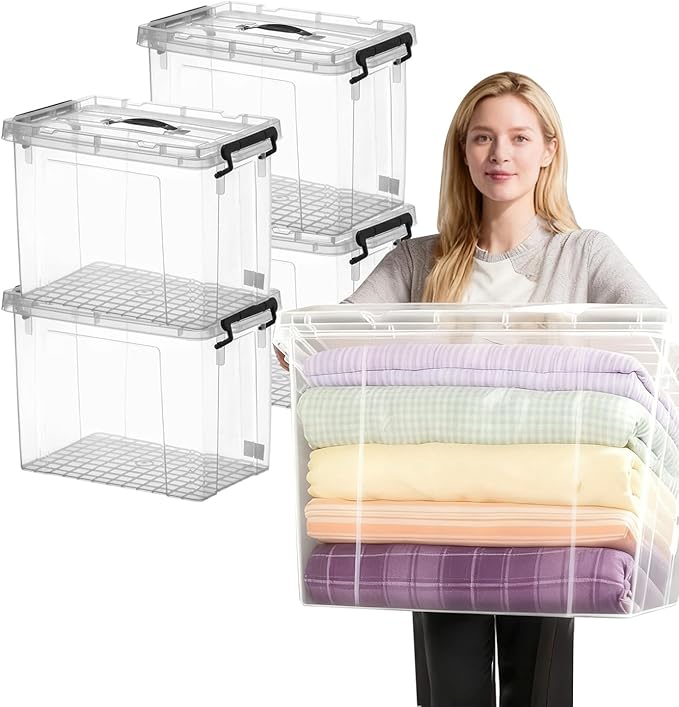 4 Pack Clear Storage Bins with Lids, 60 Qt-Stackable Plastic Organizer for Home, Office, Garage, BPA-Free, Heavy-Duty, See-Through Containers with Secure Latches & Handles