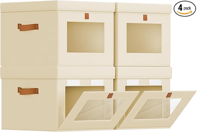 Storage Bins with Lid – Closet Organizer with Side Opening and Clear Window, Foldable Stackable Fabric Basket for Clothes, Home, Office - 13.77" x 11.8" x 9.8", 4 Pack, Beige