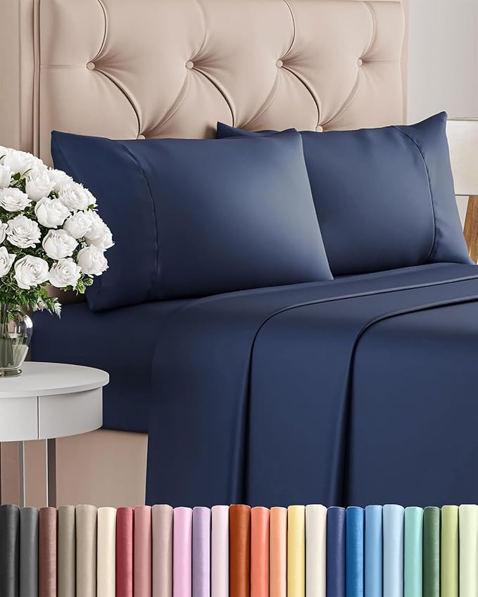 Twin 4 Piece Sheet Set - Comfy Breathable & Cooling - Ultra-Soft Hotel Luxury Bedding Set with 8-16 Inch Deep Pockets - 1 Flat & 1 Fitted Sheet & 2 Pillowcases - Wrinkle Free & Easy Care - Navy Blue