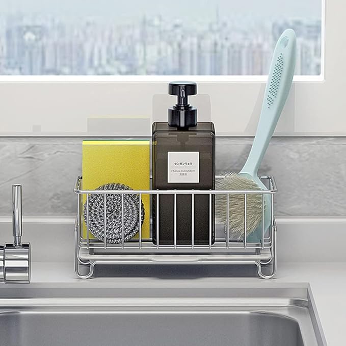 MINGFANITY Kitchen Countertop Sponge Holder, SUS 304 Stainless Steel Dish SoapOrganizer, Basket for Cleaning and Scrub Tool, Kitchen Sink Brush Caddy Holder