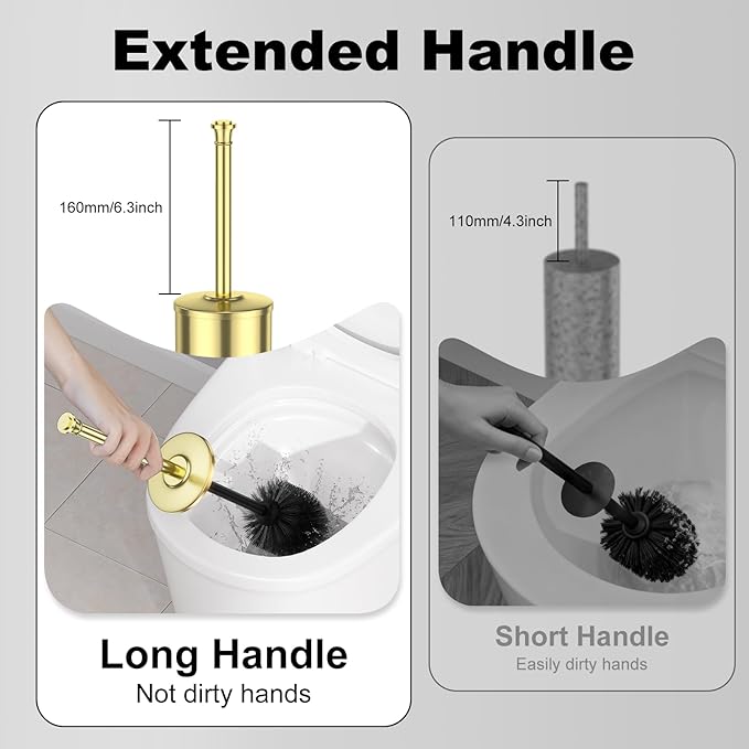 Gold Toilet Brush and Holder，Long Handled Gold Toilet Brush for Bathroom，Stainless Steel Heavy Duty Toilet Bowl Brush,Removable Inner Bowl,Deep Cleaning Dense Bristles Cleaner Brush -Space Saving