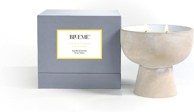 Blueme Happiness Candle | Yuzu & Ginger | 2 Wick - Refillable Wellness Candle with Essential Oils, Hand Finished & Poured Soy Wax Blend Ceramic Vessel, Natural Cotton Wicks | Medium 12 oz