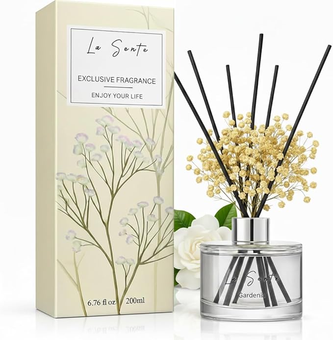 Reed Diffuser Set (6.7fl oz), Natural Gardenia Essential Oil Fragrance with Glass Bottle, Black Rattan Sticks & Preserved Flowers, Up to 120 Days Lasting Fragrance for Home & Office