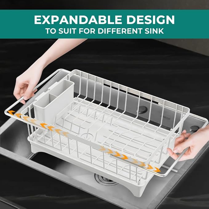HANLE Small Dish Drying Rack in Sink, Expandable Stainless Steel Dish Drainers for Kitchen Counter, with Drain Board & Utensil Holder(White)