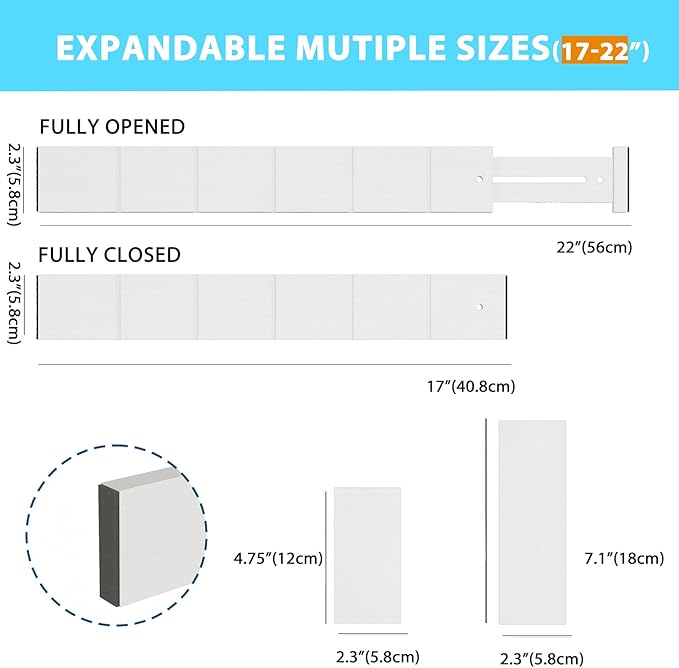 GZOOGHOME 6 Pack Bamboo Drawer Dividers with 12 Inserts, Expandable Adjustable Clothes Drawer Organizers and Storage from 17" to 22" for Kitchen, Bedroom, Dresser, Cosmetics (White)