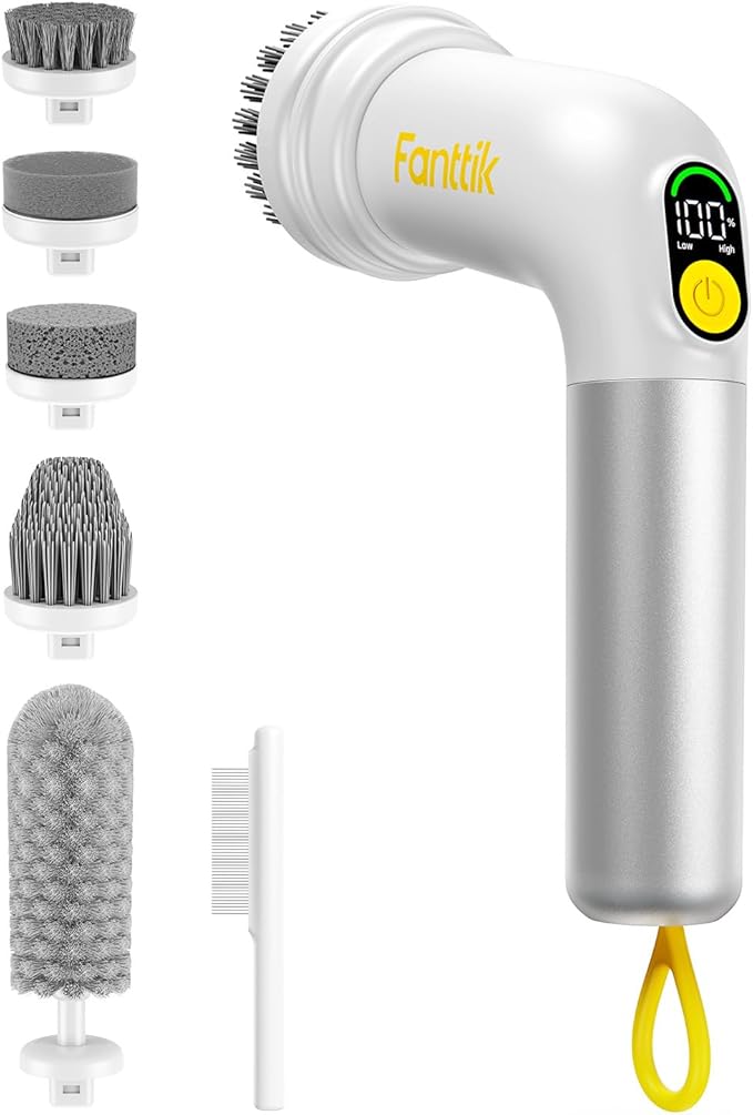 Fanttik G9 Handy Cordless Electric Spin Scrubber, MagnaStorm Motor, Dual-Speed, 5 Brush Heads, LED Display, IPX7 Waterproof, 2500mAh with Type-C Charging, for Kitchen, Sink, Tile, Stove- White