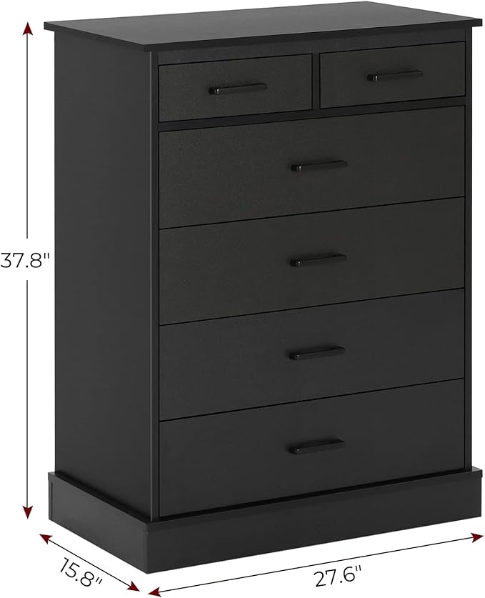 Hasuit Black Dresser for Bedroom, 6 Drawers Dresser Wood Storage Tower Clothes Organizer, Chest of 6 Drawers, Large Capacity Storage Cabinet, Tall Dressers for Bedroom, Hallway, Entryway